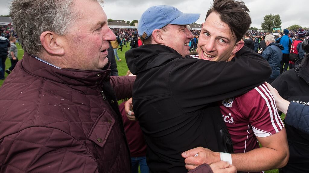 Sean Armstrong is congratulated by supporters after the semi-final victory over Mayo at Salthill. Photograph: Cathal Noonan