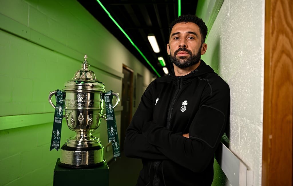 Shamrock Rovers captain Roberto 'Pico' Lopes with the FAI Cup ahead of Sunday's final against Cork City. Photograph: Sam Barnes/Sportsfile
