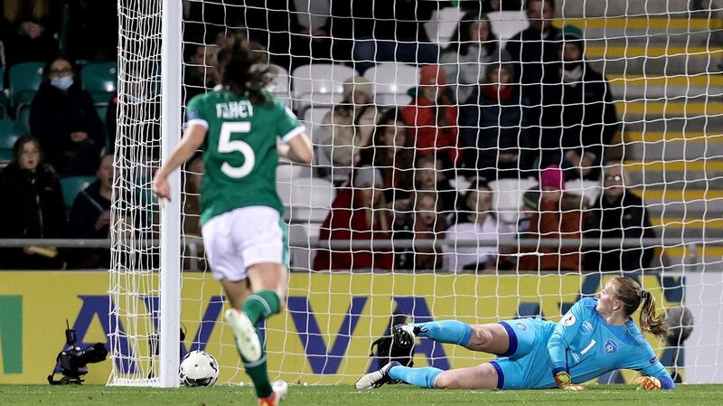 Goalkeeper Courtney Brosnan is wrong-footed by a defelction off Louise Quinn  as Ireland concede an own goal during the World Cup qualifier against Sweden at Tallaght Stadium. Photograph: Laszlo Geczo/Inpho