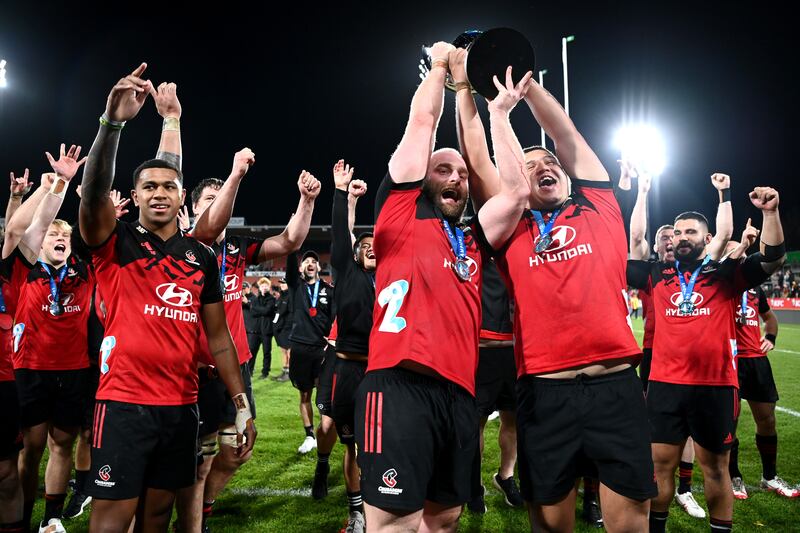 Oli Jager (left) and Tamaiti Williams of the Crusaders celebrate after winning the Super Rugby Pacific Final on June 24, 2023. Photograph: Hannah Peters/Getty Images