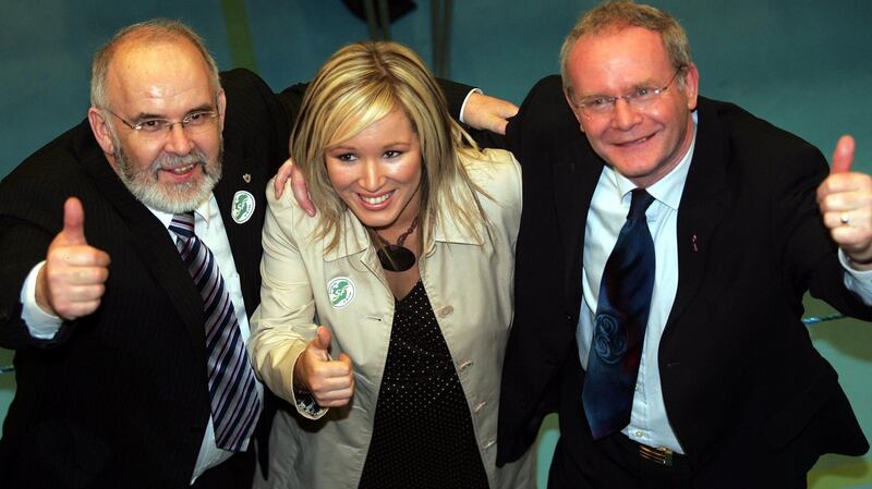 The late  Martin McGuinness, right, Michelle O’Neill and Francis Molloy, when they were elected in the Mid Ulster Constituency in 2007. Photograph: Eric Luke