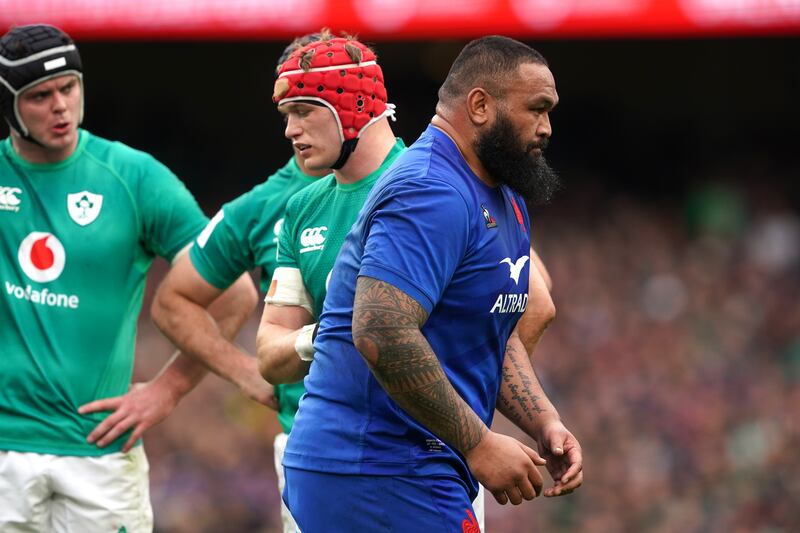 France's Uini Atonio reacts after receiving a yellow card for the high tackle on Ireland's Rob Herring during Six Nations match at the Aviva Stadium. Photograph: Brian Lawless/PA