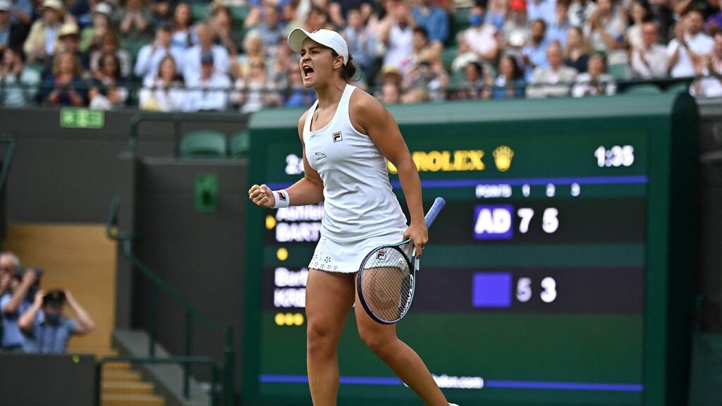 Australia’s Ashleigh Barty celebrates after beating Czech Republic’s Barbora Krejcikova at Wimbledon. Photograph: Getty Images