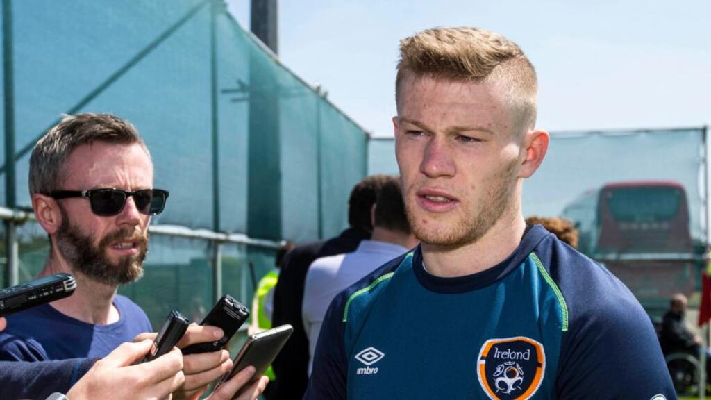 James McClean answers reporters’ questions yesterday. Photograph: Cathal Noonan/Inpho