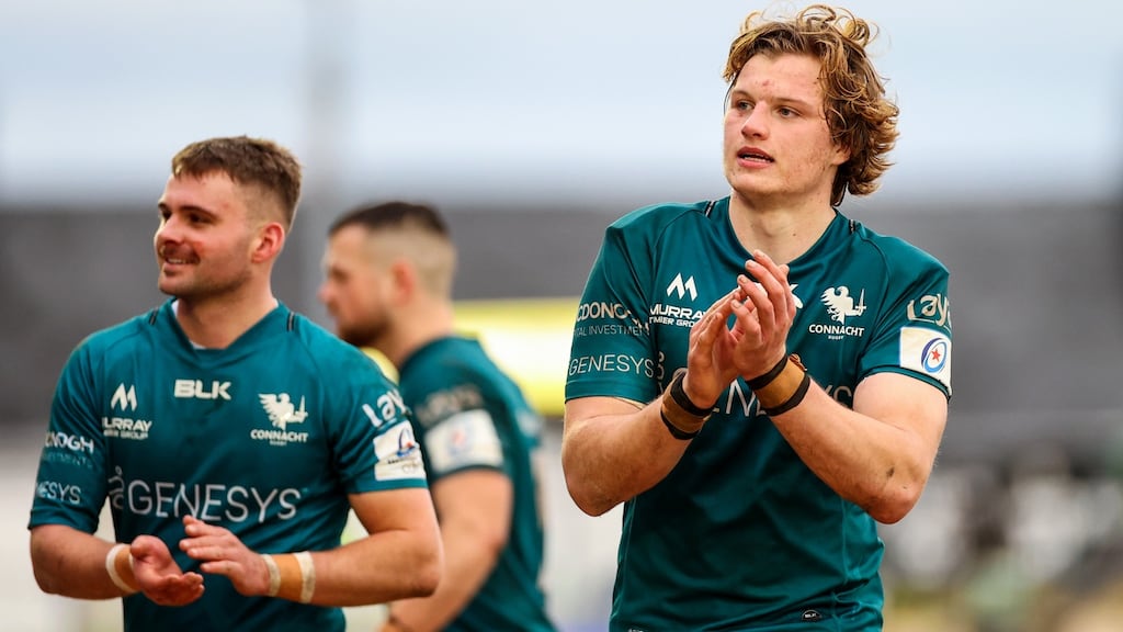 Connacht’s Cian Prendergast applauds the fans after their win against Stade Francais on Sunday. Photo: James Crombie/Inpho
