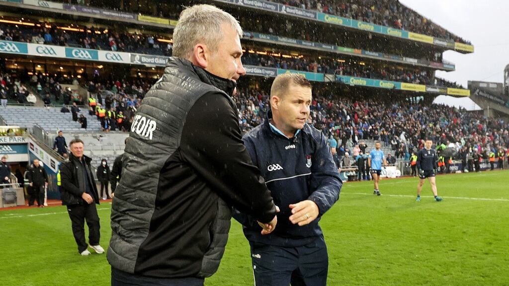 Mayo manager James Horan shakes hands with Dublin manager Dessie Farrell after the All-Ireland SFC semi-final. Photo: Laszlo Geczo/Inpho