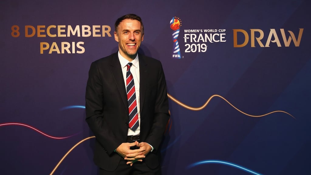 Phil Neville, coach of England, attending the Women’s World Cup draw in Paris. Photograph: Dean Mouhtaropoulos/Getty Images
