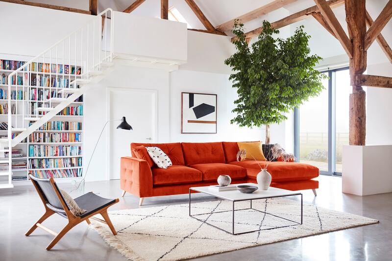 Grand Designs Farnham left hand facing grand chaise sofa in terracotta velvet, available exclusively at DFS