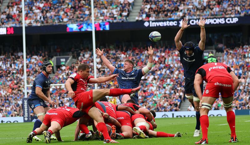 Antoine Dupont gets his kick away during Toulouse's victory over Leinster at the Tottenham Hotspur Stadium, London. Photograph: James Crombie/Inpho
