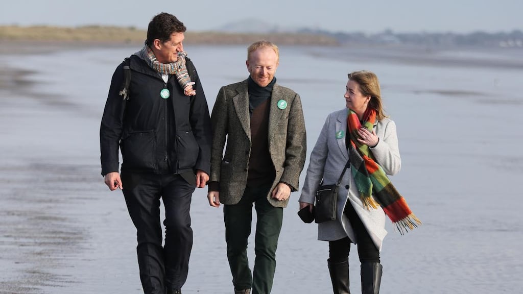 Green Party leader Eamon Ryan, Dublin Bay North candidate David Healy and Dublin North-West candidate Caroline Conroy at Bull Island to launch the party’s Biodiversity and Pollution Policy Paper. Photograph: Nick Bradshaw for The Irish Times