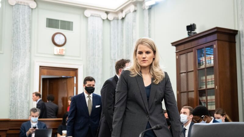 Former Facebook employee Frances Haugen at a US Senate Committee on Commerce, Science, and Transportation hearing entitled ‘Protecting Kids Online: Testimony from a Facebook Whistleblower’ on Capitol Hill in Washington, DC. Photograph: Drew Angerer /EPA/Pool
