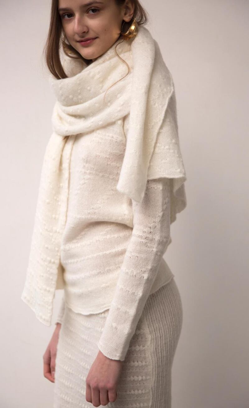 Irregular sweater €500, skirt €350, Atrium, Powerscourt. Large stole, €420, Granny’s Bottom Drawer, Kinsale. All by Ros Duke.