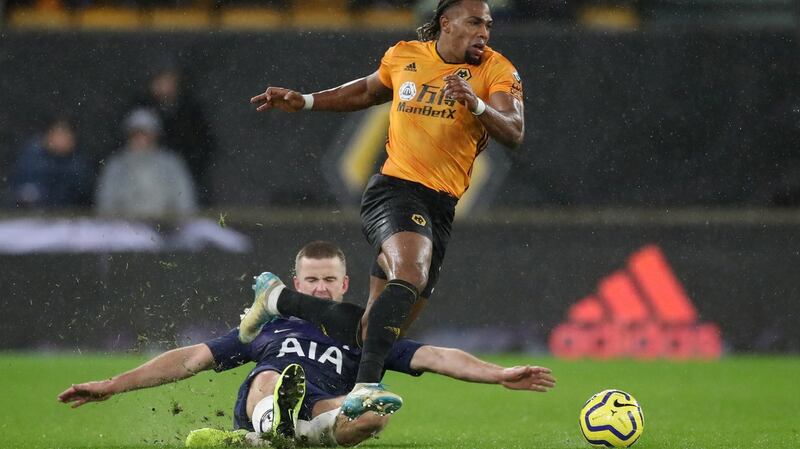 Tottenham Hotspur’s Eric Dier fouls Wolverhampton Wanderers’ Adama Traoré during their 2-1 victory at Molineux. Photograph: Carl Recine/Action Images via Reuters