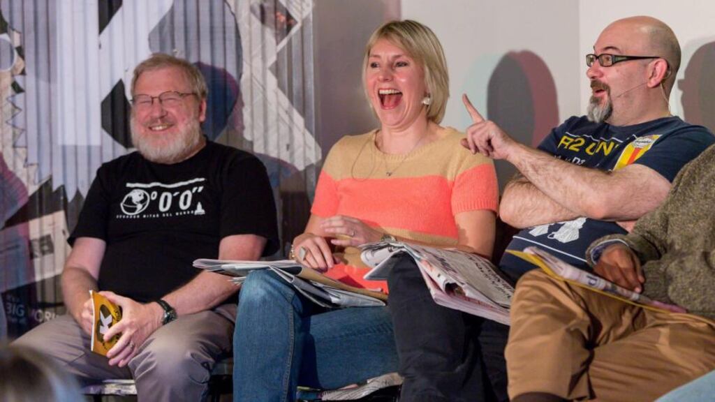 At the Kilkenomics Optimistic Economics Brunch Show in Kilkenny yesterday were (from left) Bill Black, Louise Cooper and Peter Antonioni. Photograph: Dylan Vaughan