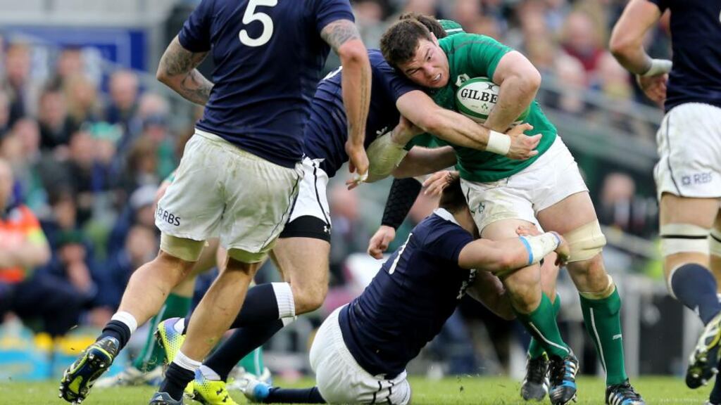 Peter O’Mahony drives forward during the Six Nations match against Scotland at the Aviva Stadium, Dublin. Photograph: Inpho