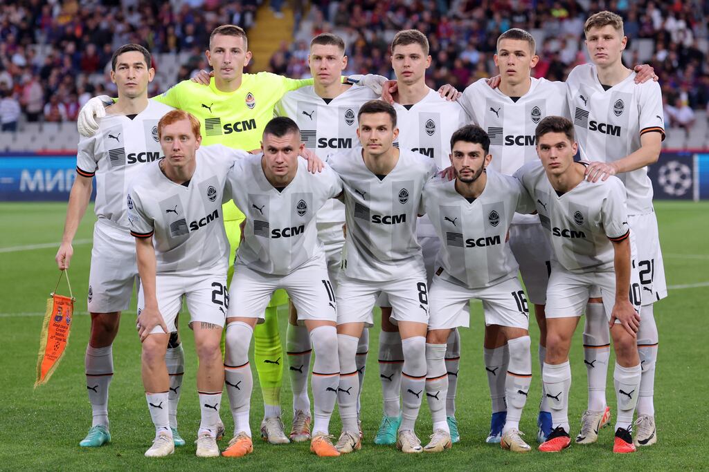 Shakhtar players before their Champions League group game away to Barcelona last month. They face the Catalan side again in Hamburg on Tuesday. Photograph: Lluis Gene/AFP via Getty Images