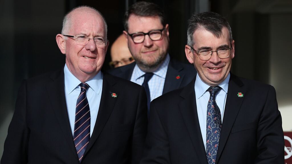 Minister for Justice Charlie Flanagan, PSNI temporary deputy chief constable Stephen Martin and Garda Commissioner Drew Harris in Newcastle, Co Down. Photograph: Brian Lawless/PA Wire