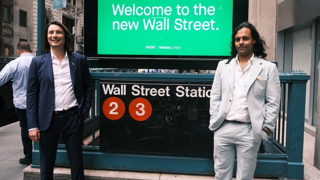 Baiju Bhatt (right) and Vlad Tenev, founders of the online brokerage Robinhood, walk along Wall Street its stock market listing last week. Photograph:  Spencer Platt/Getty Images