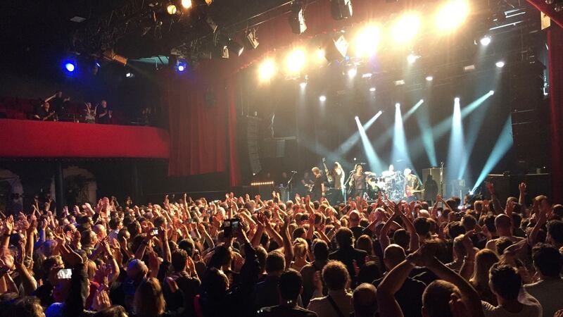 People at the Bataclan concert hall in Paris, France on Saturday. Photograph: Christophe Ena/AP