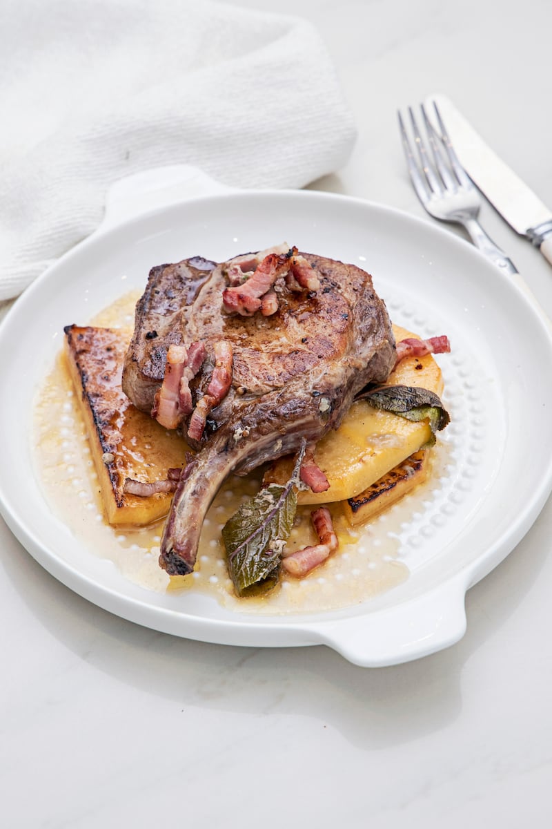 Pork chops, glazed turnips and smoked bacon. Photograph: Harry Weir