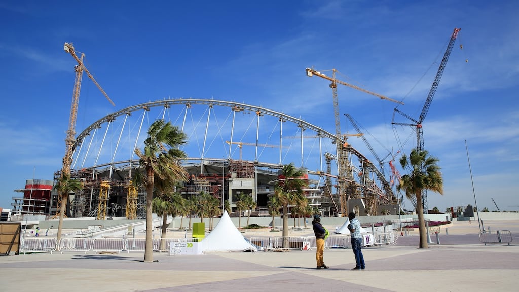 Building works during the construction and refurbishment of the Khalifa International Stadium in Doha. Photograph: Getty Images