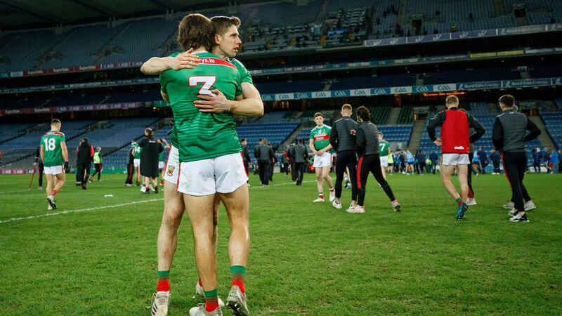 Mayo’s Oisín Mullin and Lee Keegan following this year’s All-Ireland football final. File photograph: Inpho