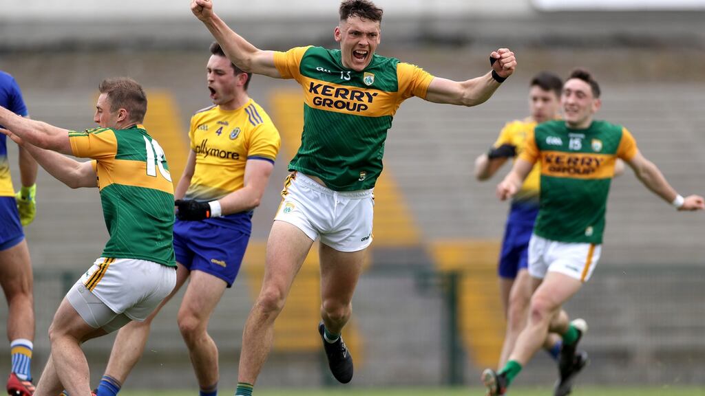 Kerry’s David Clifford celebrates scoring his side’s first goal in the Allianz Football League Division 1 South game against Roscommon at Dr Hyde Park. Photograph: James Crombie/Inpho