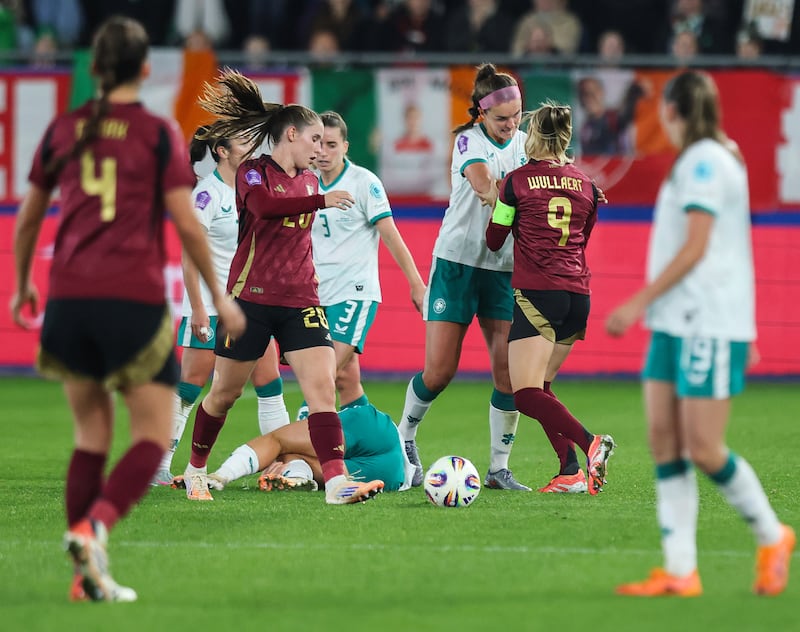 Tensions flare between Ireland's Caitlin Hayes and Belgium's Tessa Wullaert. Photograph: Ryan Byrne/Inph0