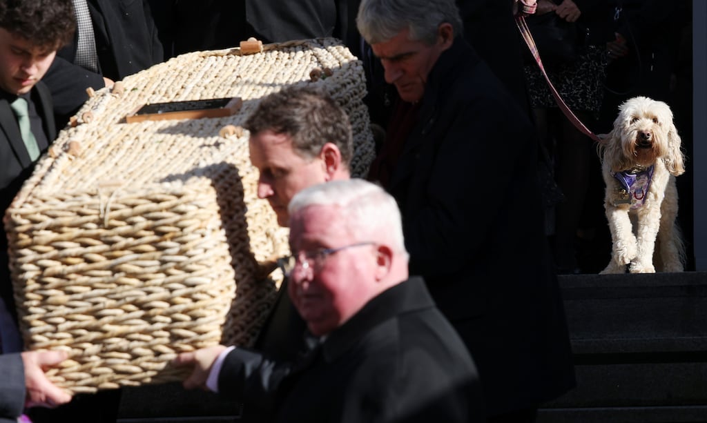 Charlie Bird's dog, Tiger, follows as the coffin is brought from the Mansion House in Dublin. Photograph: Laura Hutton