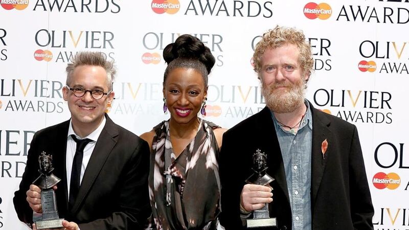 Martin Lowe and Glen Hansard (right) with their Outstanding Achievement in Music award with award presenter Beverley Knight at the Laurence Olivier Awards at the Royal Opera House in London. Photograph: Tim P Whitby/Getty Images