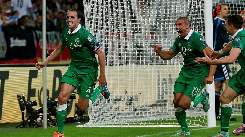 Republic of Ireland defender John O’Shea scores against Germany in Gelsenkirchen. Photograph: Donall Farmer/Inpho