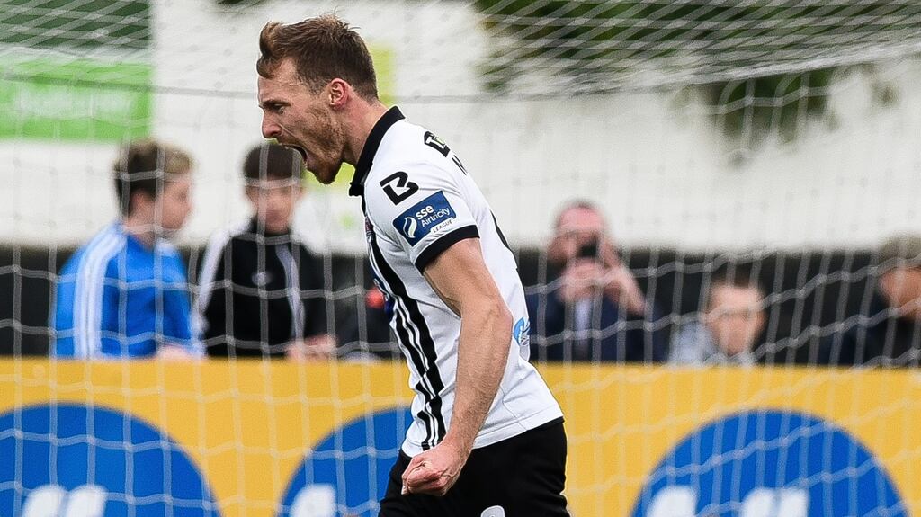 David McMillan celebrates a goal for Dundalk against Derry City at Oriel Park. Photograph: Ciaran Culligan/Inpho