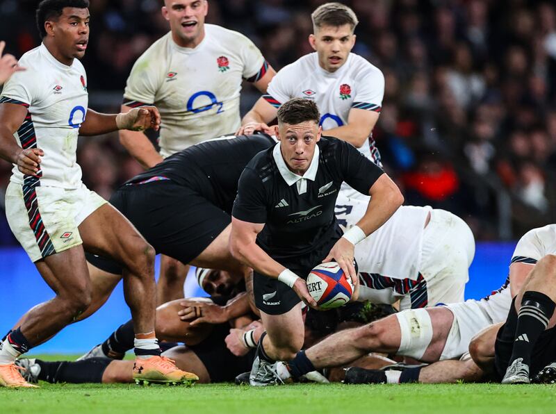 New Zealand's Cameron Roigard in action during the win over England at Twickenham. Prior to the quarter-final against Ireland last year, New Zealand had the fastest ruck speed of all teams at thr World Cup. Photograph: James Crombie/Inpho