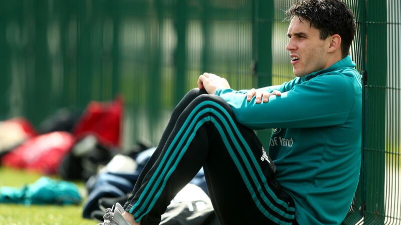 Joey Carbery sits out Munster Rugby Training in UL, Limerick on Monday. Photograph: James Crombie/Inpho