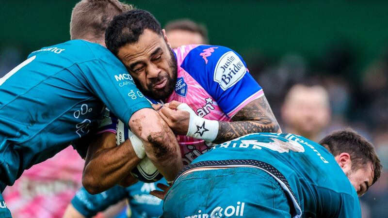 Stade Francais’ Telusa Veainu is tackled by Shayne Bolton of Connacht. Photograph: Billy Stickland/Inpho