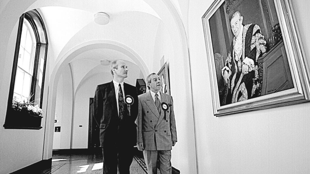 Hugh Smyth and Billy Hutchinson of the PUP at Belfast City Hall. Many loyalists “would have secretly admired the courage of the Bobby Sandses of this world,” said Smyth. Photograph: Hugh Russell