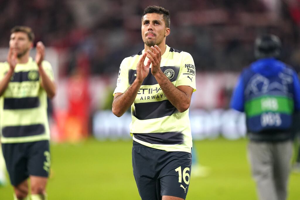 Manchester City's Rodri applauding fans following victory in a Champions League quarter-final second leg match at Allianz Arena, Munich. Photograph: PA