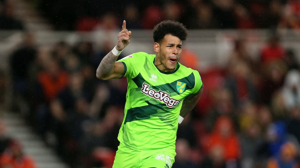 Norwich City’s Onel Hernandez celebrates scoring his side’s goal in the Championship match against Middlesbrough at the Riverside Stadium. Photograph: Richard Sellers/PA Wire