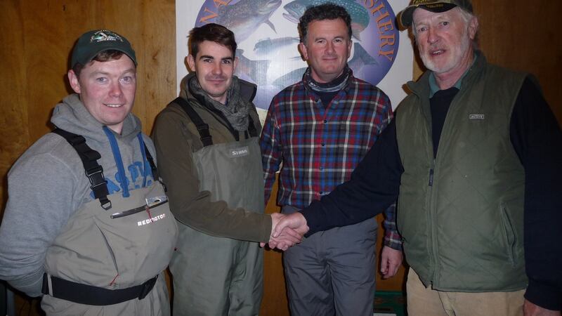 Top three winners at Annamoe Fisheries winter league final, from left, Nicholas Madden (3rd), Patrick McDonnell (1st), Ronan Meghen (2nd) and proprietor Brian Nally.