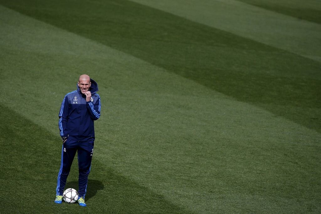 Real Madrid’s coach Zinedine Zidane ahead of the Champions League second-leg match against VfL Wolfsburg. Photograph: Susana Vera/Reuters