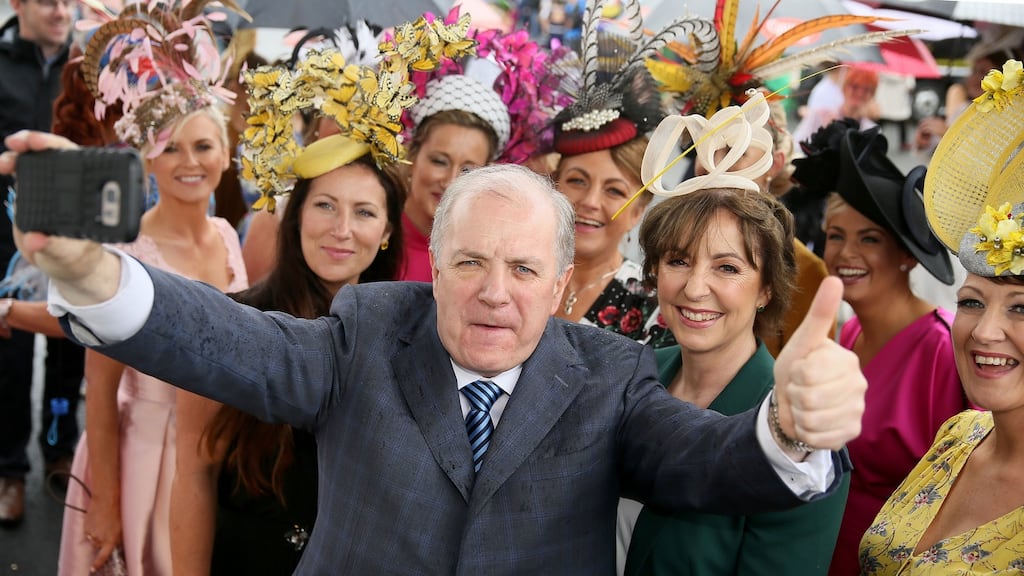 Irish presidential candidate Gavin Duffy amongst the fashion on Ladies Day during day four of the Galway Summer Festival at Galway Racecourse. Photograph: Brian Lawless/PA Wire