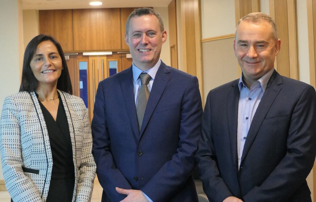Retiring Mannok chief executive Liam McCaffrey (right) with his successor Dara O'Reilly (centre) and Brenda Rennick, incoming chief financial officer