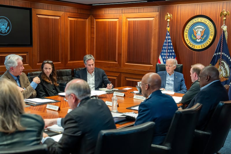 Joe Biden receives update on attack on Israel from Iran in the Situation Room of the White House. Photograph: Adam Schultz/The White House/AP