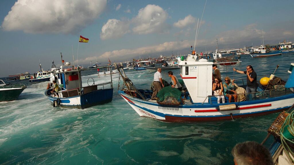 Spanish fishermen gather in their fishing boats during a protest at an area of the sea where an artificial reef was built by Gibraltar using concrete blocks, in Algeciras bay, La Linea de la Concepcion in southern Spain. Photograph: Jon Nazca/Reuters
