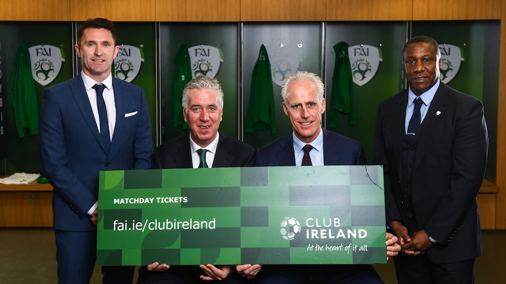 At the launch of the new Club Ireland premium tickets at the Aviva stadium were (from left) Ireland assistant manager Robbie Keane, FAI chief executive John Delaney, Ireland manager Mick McCarthy and Ireland assistant manager Terry Connor. Photograph: Stephen McCarthy/Sportsfile