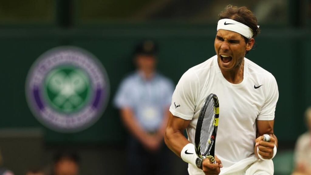 Rafael Nadal of Spain celebrates during his third round win over Mikhail Kukushkin of Kazakhstan on day six of the Wimbledon Lawn Tennis Championships . Photograph: Matthew Stockman/Getty Images