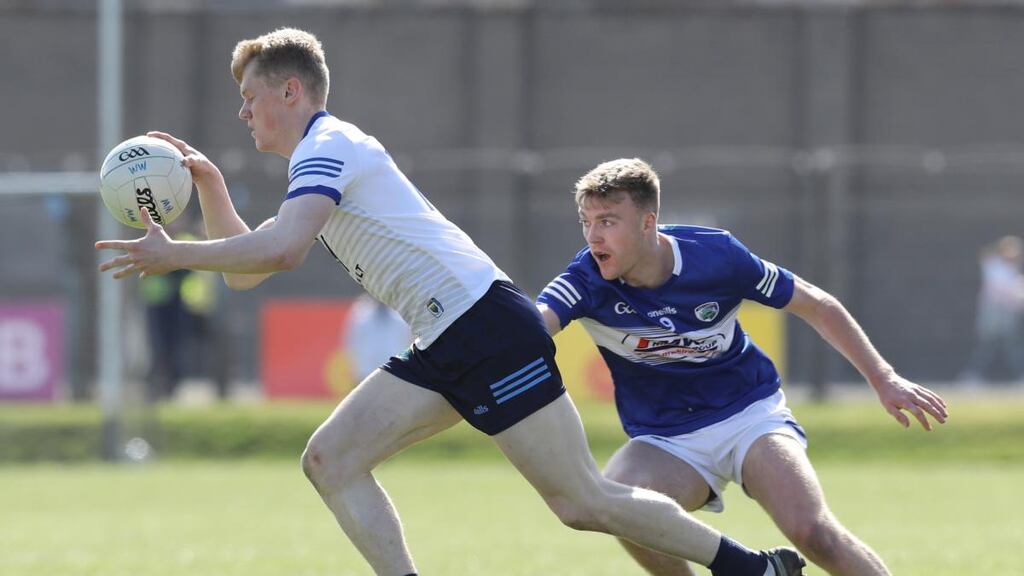 Wicklow’s Kevin Quinn and Kieran Lillis of Laois in action. Photograph: Lorraine O’Sullivan/Inpho