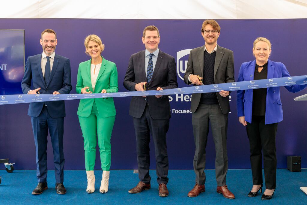 At the announcement of UPS Healthcare's Dublin expansion were Paul Sweetman; CEO American Chamber of Commerce; UPS supply chain solutions Europe president Susanne Klinger-Wesner; Minister for Enterprise Peter Burke; UPS Healthcare president Felipe Morgulis; and Cathy O’Brien, VP of international sales, UPS Healthcare.