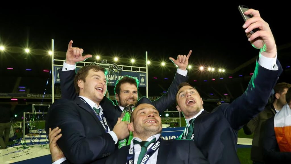 Ulster’s Ireland contingent of Iain Henderson, Jared Payne, Rory Best and Tommy Bowe do a selfie after the Six Nations Championship win against Scotland at Murrayfield last month. Photograph: Billy Stickland/Inpho.