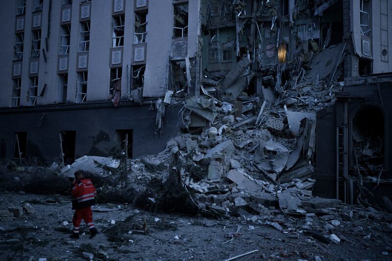 A damaged hotel following a Russian attack in Kyiv, Ukraine. Photograph: Felipe Dana